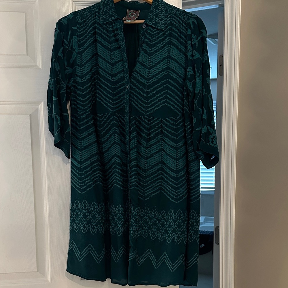 Johnny Was Teal Patterned Mini Dress